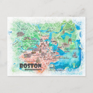 Boston Massachusetts USA Illustrerad Karta Vykort