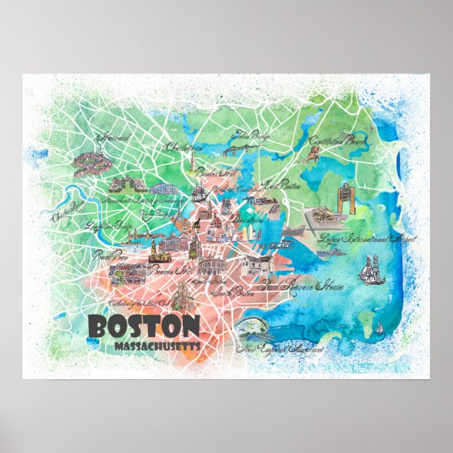 Boston Massachusetts USA Karta Poster med Roads (Framsidan)