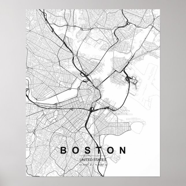 Boston Minimalistkarta (Svart & Vitt) Poster (Framsidan)