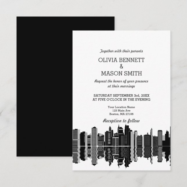 Boston Morsa Skyline Cityscape Wedding bjudande Inbjudningar (Fram/baksida)