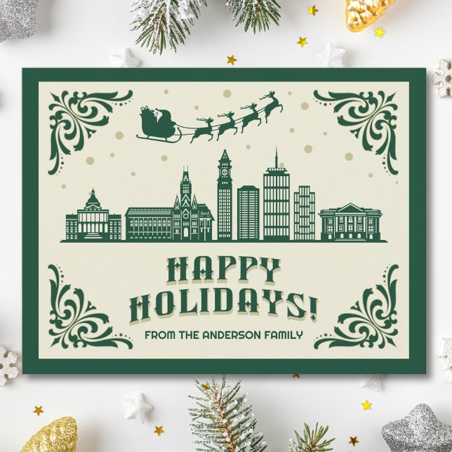 Boston, MORSA Skyline Glad helg vykort (Happy Holidays Boston, MA skyline cityscape christmas postcard customizable real estate Santa )