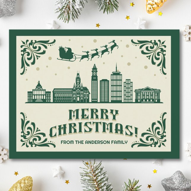 Boston, MORSA Skyline jul Helgdag vykort (Boston, MA skyline christmas card green modern merry christmas postcard with custom details)