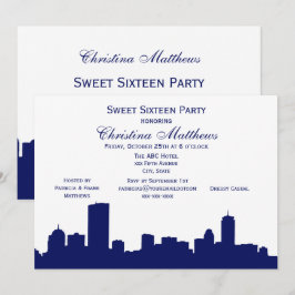 Boston Navy Skyline Silhouette Sweet 16 Party Inbjudningar