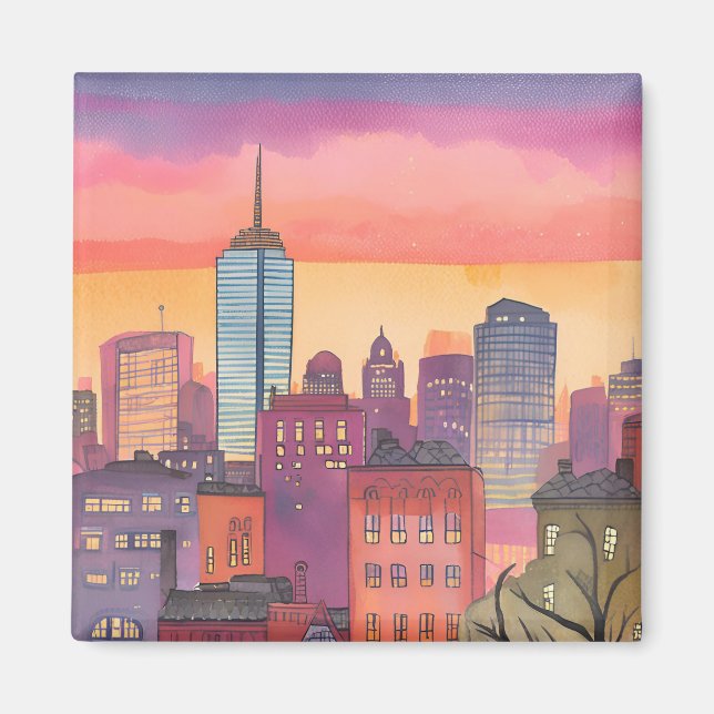 Boston North End Watercolor MORSA Cityscape Magnet (Framsidan)