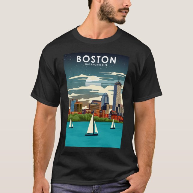 Boston på Night City Skyline Travel Poster T Shirt (Framsida)
