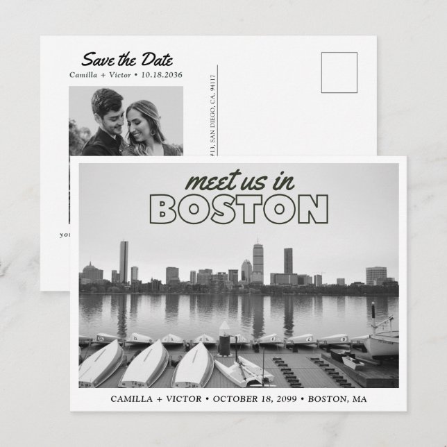 Boston Save the Date Retro Skyline Postcard Vykort (Fram/baksida)