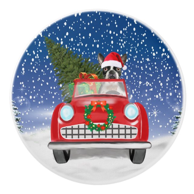 Boston skräcker Hund Körbil i Snö jul Knopp (Framsidan)