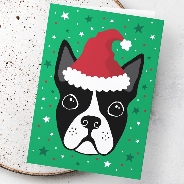 Boston skräcker hund med jultomten jul kort (Boston terrier dog wearing Santa hat Christmas Card)