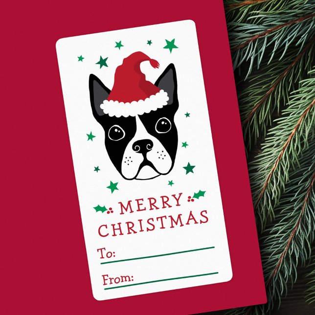 Boston skräcker Santa hat God jul märkre Fraktsedel (Boston terrier Santa hat Merry Christmas gift tag)