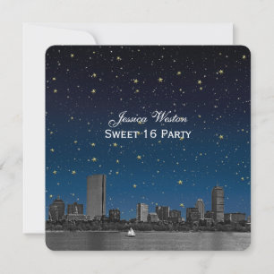 Boston Skyline Blå Stjärn Etched Sweet 16 Inbjudningar