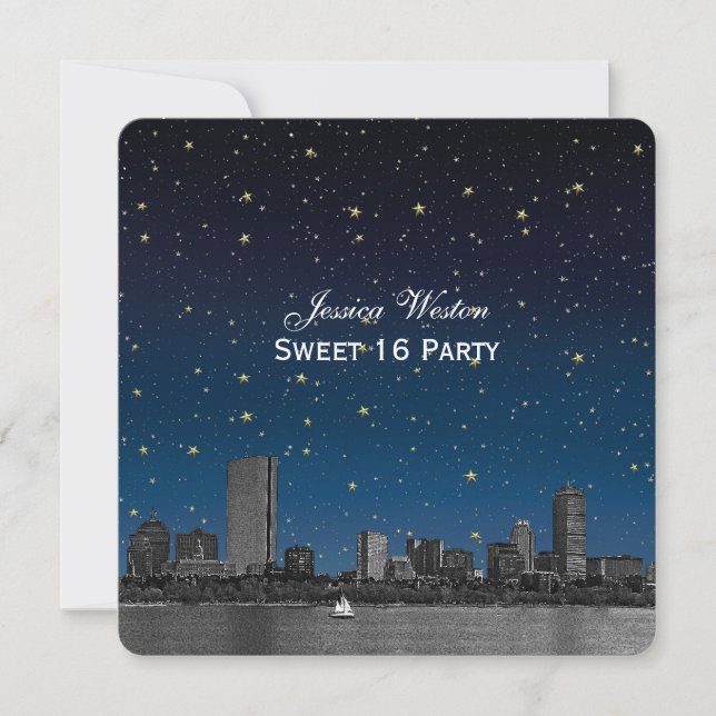 Boston Skyline Blå Stjärn Etched Sweet 16 Inbjudningar (Framsida)