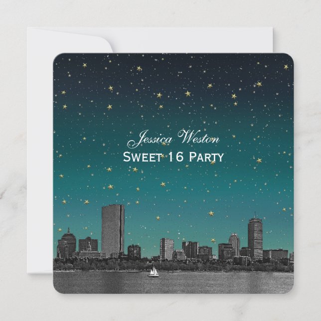 Boston Skyline Blå Stjärn Etsad Sweet 16 Inbjudningar (Framsida)