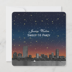 Boston Skyline Blå Stjärnig Graverad Sweet 16 Inbjudningar