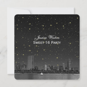 Boston Skyline Blue Starry Etched Sweet 16 Inbjudningar
