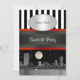 Boston Skyline BW Blk Wht Strp Red Sweet 16 Party Inbjudningar
