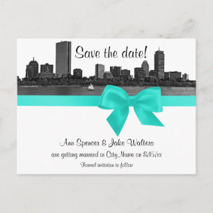 Boston Skyline Etched BW Aqua Spara datum Meddelande Vykort