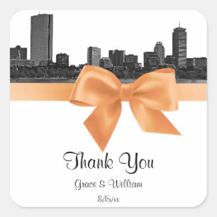 Boston Skyline Etched BW Peach Favor Tag Sticker Fyrkantigt Klistermärke