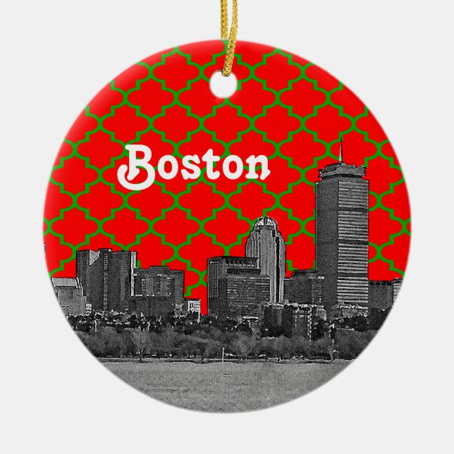 Boston Skyline Etched Grönt Red Quatrefoil BG Jula Julgransprydnad Keramik (Framsidan)