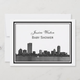 Boston Skyline Etched Inramad Baby Shower Inbjudningar