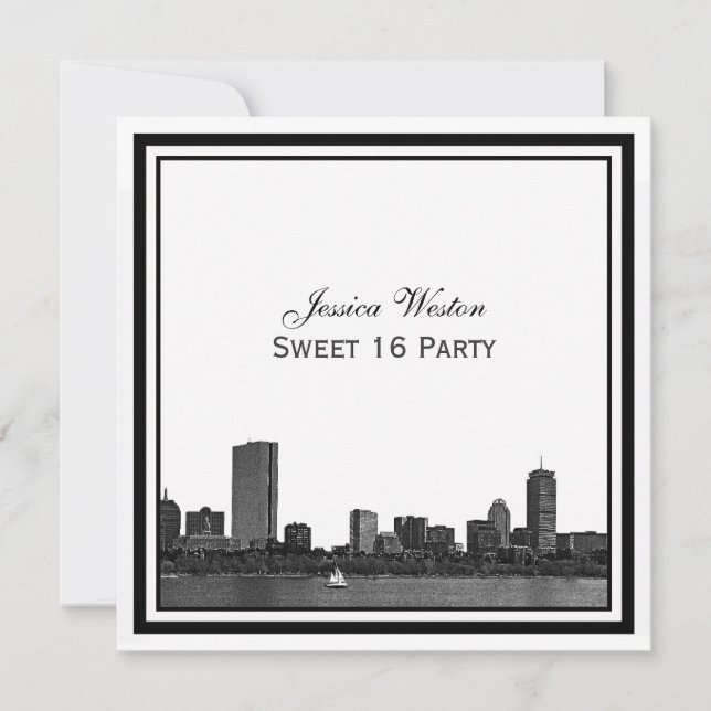 Boston Skyline Etched Inramad Sweet 16 Inbjudningar (Framsida)