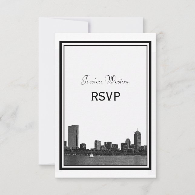 Boston Skyline Etched Inrammat RSVP OSA Kort (Framsida)