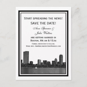Boston Skyline Etched Inrammat Save the Date Meddelande Vykort