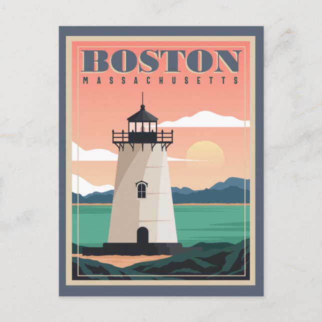 Boston Skyline & Lighthouse | Massachusetts Vykort (Framsida)