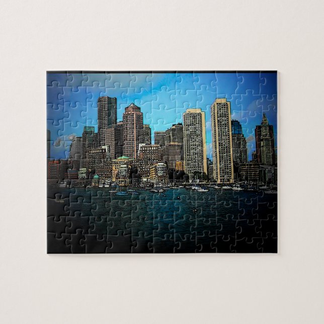 Boston Skyline Photo Art Teckning Pussel (Horisontell)