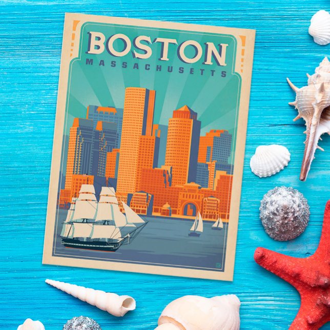 Boston Skyline & Sailcraft | Massachusetts Vykort (Postcard on table)