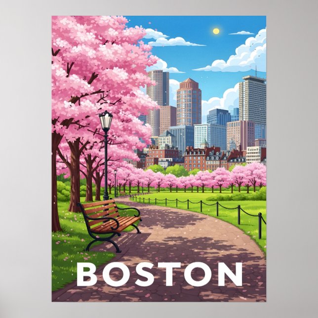 Boston skyline under blomning av körsbärsbärssyste poster (Framsidan)