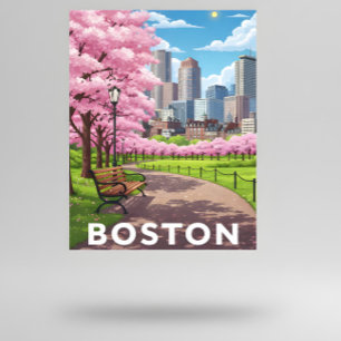 Boston skyline under blomning av körsbärsbärssyste vykort