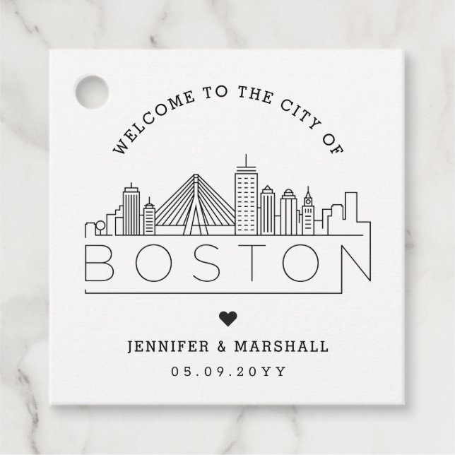 Boston Skyline | Välkomsthälsoförmån för bröllop Gåvor Etiketter (Framsida)