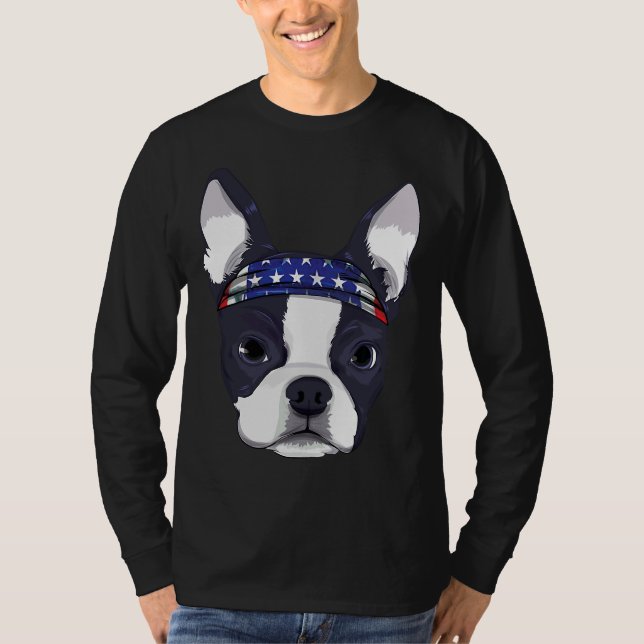 Boston Terrier 4:e juli American Flagga Bandana T Shirt (Framsida)