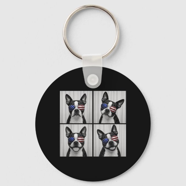 Boston Terrier 4 juli Amerikansk flagga Hund Nyckelring (Framsida)