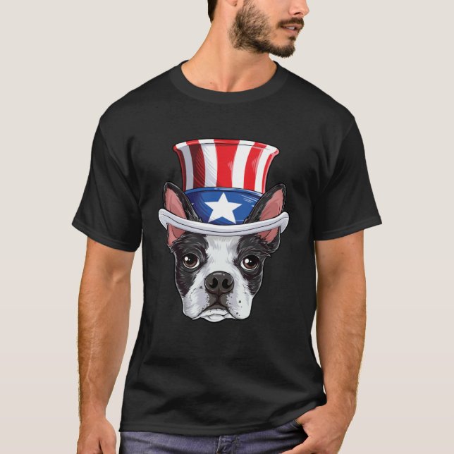 Boston Terrier 4th of July Uncle Sam Kids Boys Ame T Shirt (Framsida)