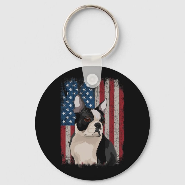 Boston Terrier American Flagga Patriotic 4:e juli Nyckelring (Framsida)