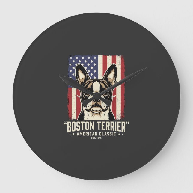 Boston Terrier Amerikansk Klassisk Flagga Stor Klocka (Framsida)