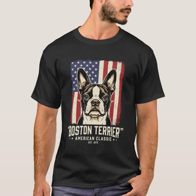 Boston Terrier Amerikansk Klassisk Flagga T Shirt (Framsida)