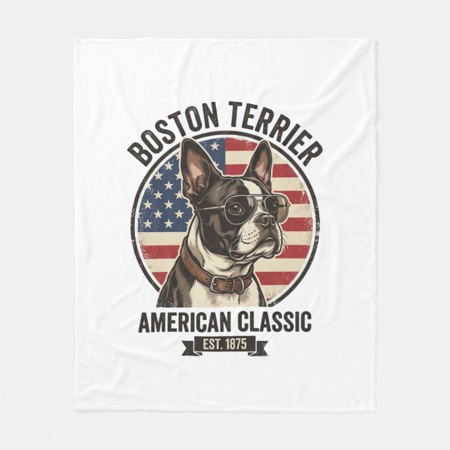 Boston Terrier Amerikansk Klassisk Hund Flagga Sol Fleecefilt (Framsidan)