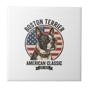 Boston Terrier Amerikansk Klassisk Hund Flagga Sol Kakelplatta