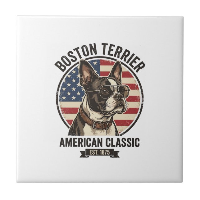 Boston Terrier Amerikansk Klassisk Hund Flagga Sol Kakelplatta (Framsidan)