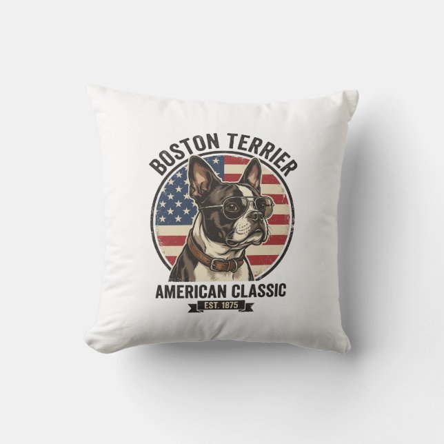 Boston Terrier Amerikansk Klassisk Hund Flagga Sol Kudde (Framsida)