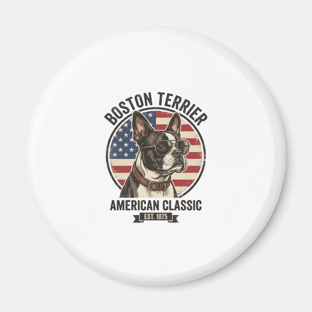 Boston Terrier Amerikansk Klassisk Hund Flagga Sol Magnet (Framsidan)
