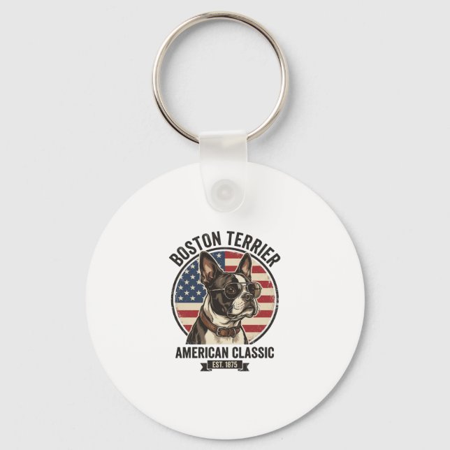 Boston Terrier Amerikansk Klassisk Hund Flagga Sol Nyckelring (Framsida)
