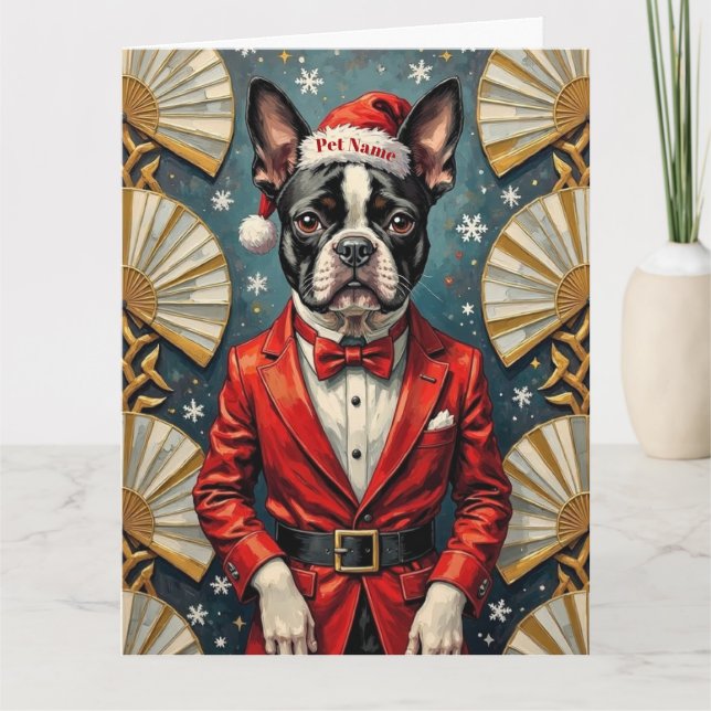 Boston Terrier Art Deco Christmas Tuxedo Hat Kort (Framsida)
