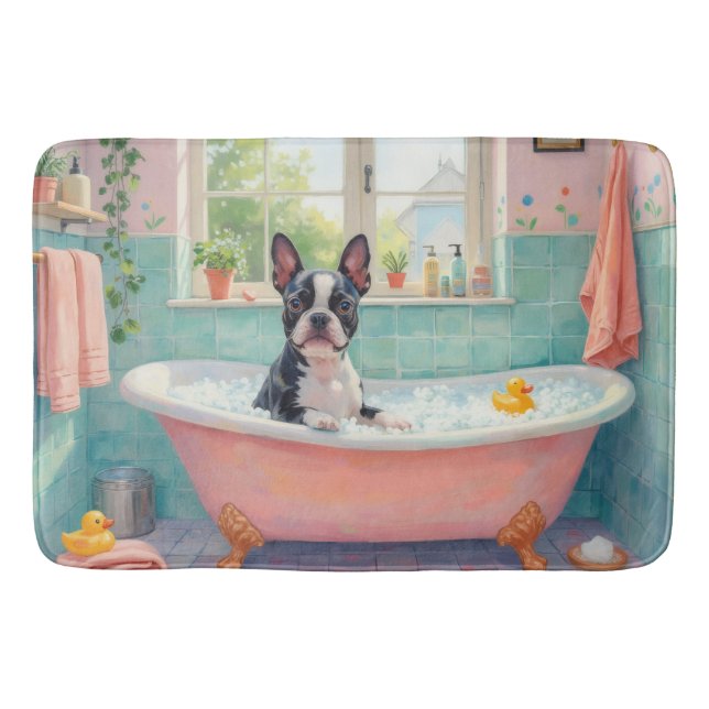 Boston Terrier badtid Söt badrumsdekor Badrumsmatta (Framsidan)