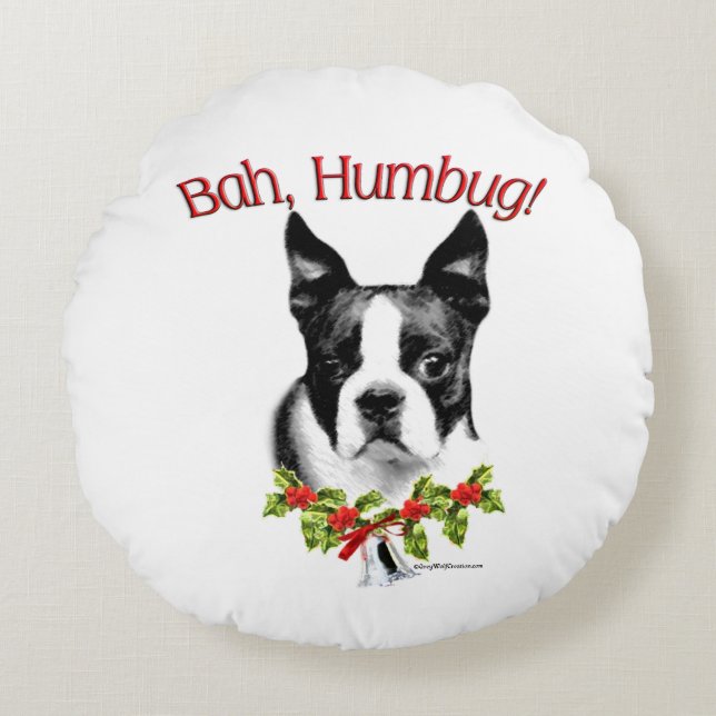 Boston Terrier Bah Humbug Rund Kudde (Framsidan)