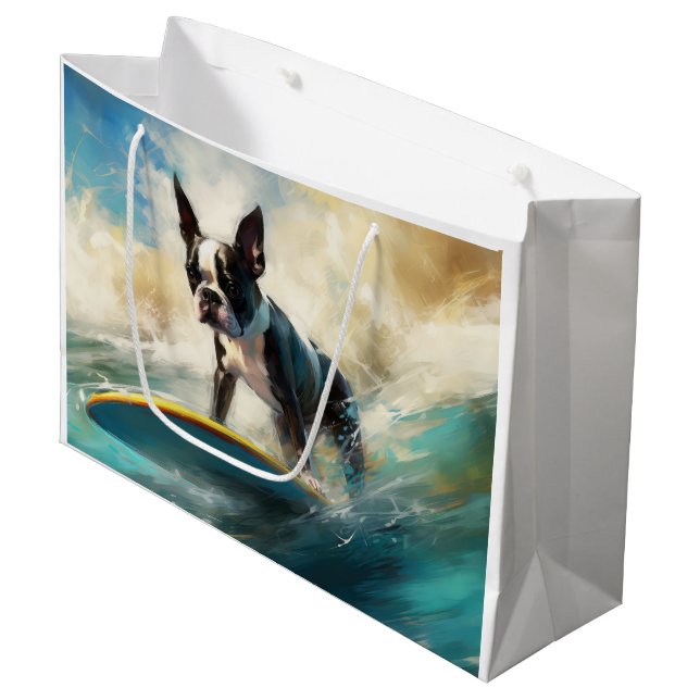 Boston Terrier Beach Surfing Painting (Framsidan Vinklad)