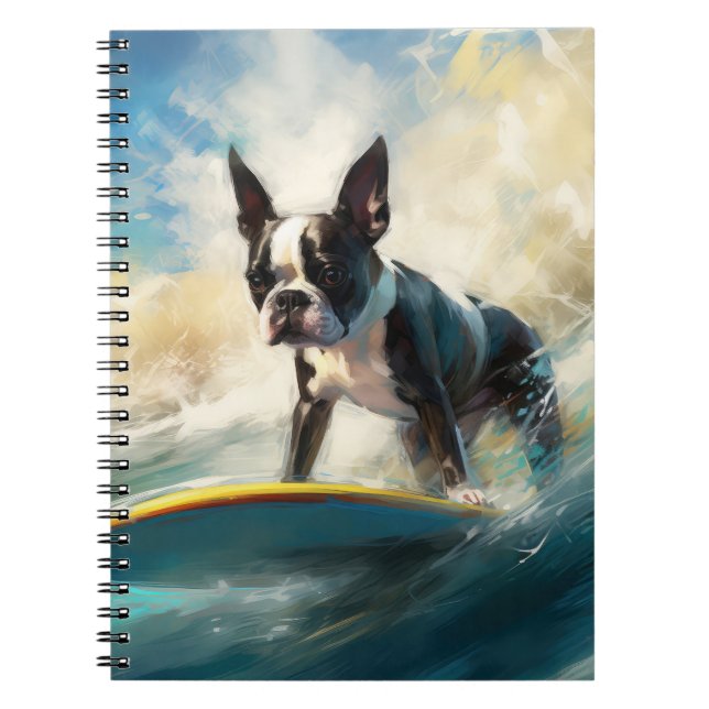 Boston Terrier Beach Surfing Painting Anteckningsbok (Framsidan)