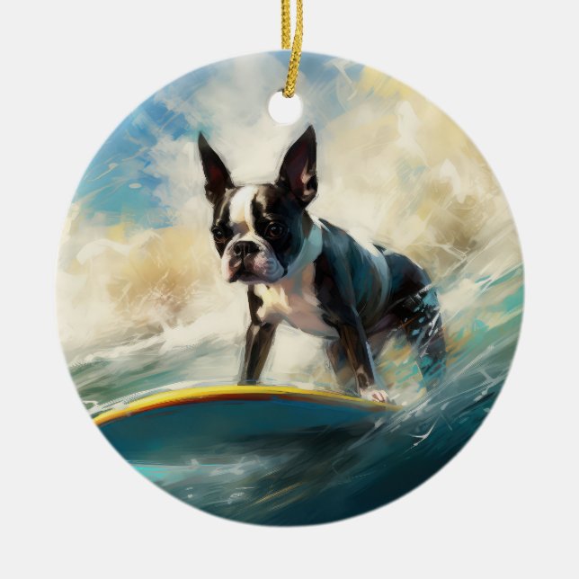 Boston Terrier Beach Surfing Painting Julgransprydnad Keramik (Framsidan)